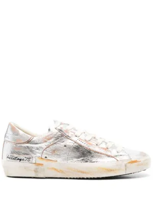 Aged Effect and Distressed Sole Silver Sneakers
