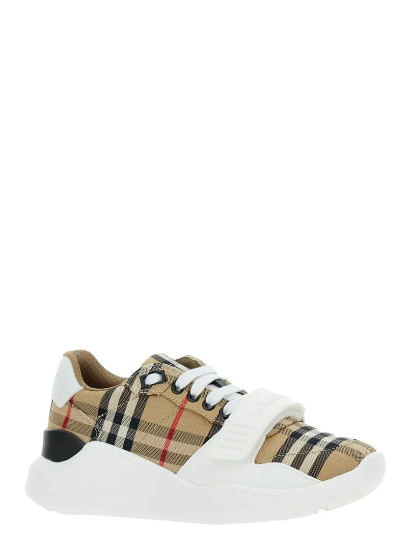 Beige Low Top Sneakers With Check Motif