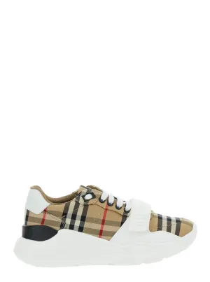 Beige Low Top Sneakers With Check Motif