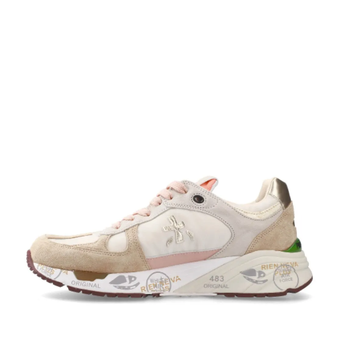 Beige Suede And Fabric With Pink Leather Details Mased Sneakers