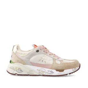 Beige Suede And Fabric With Pink Leather Details Mased Sneakers