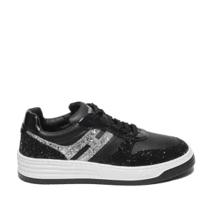 Black Leather And Glitter Fabric Sneakers