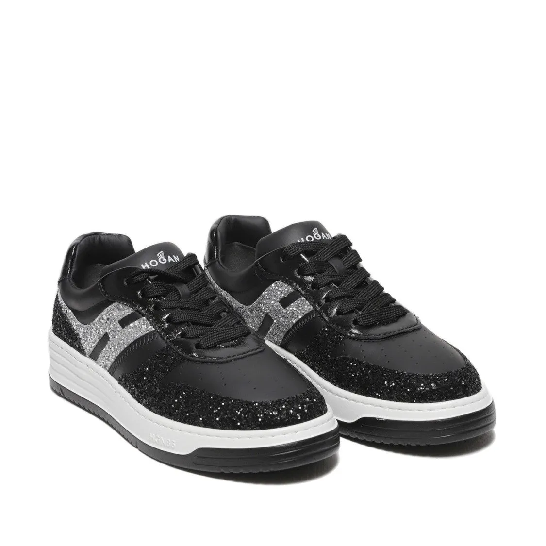 Black Leather And Glitter Fabric Sneakers