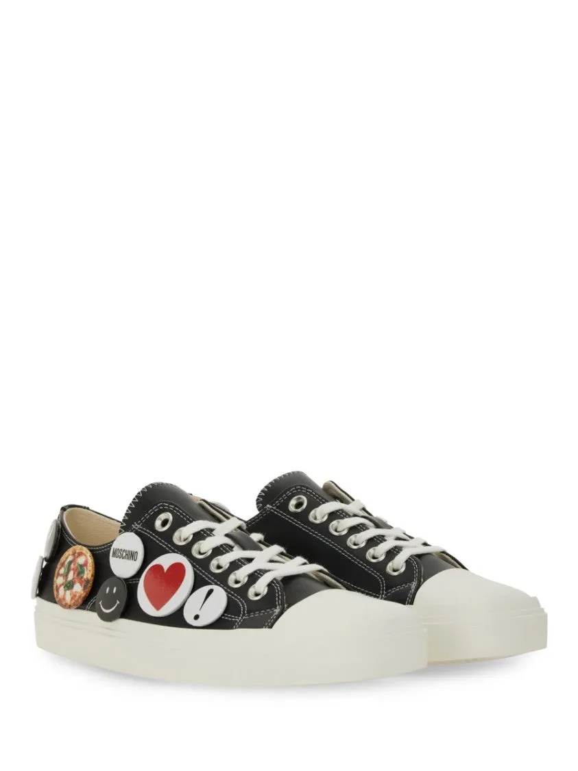 Black Leather Sneakers With Playful Pins