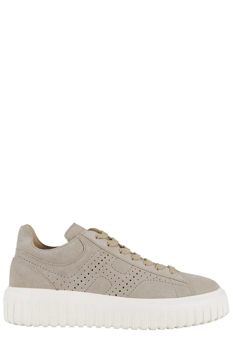 Brown H Perforated Laced Sneakers