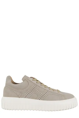 Brown H Perforated Laced Sneakers