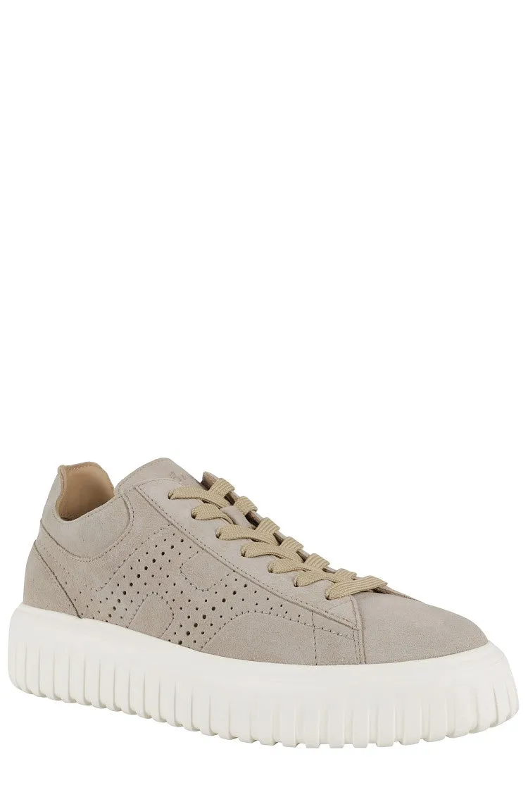 Brown H Perforated Laced Sneakers