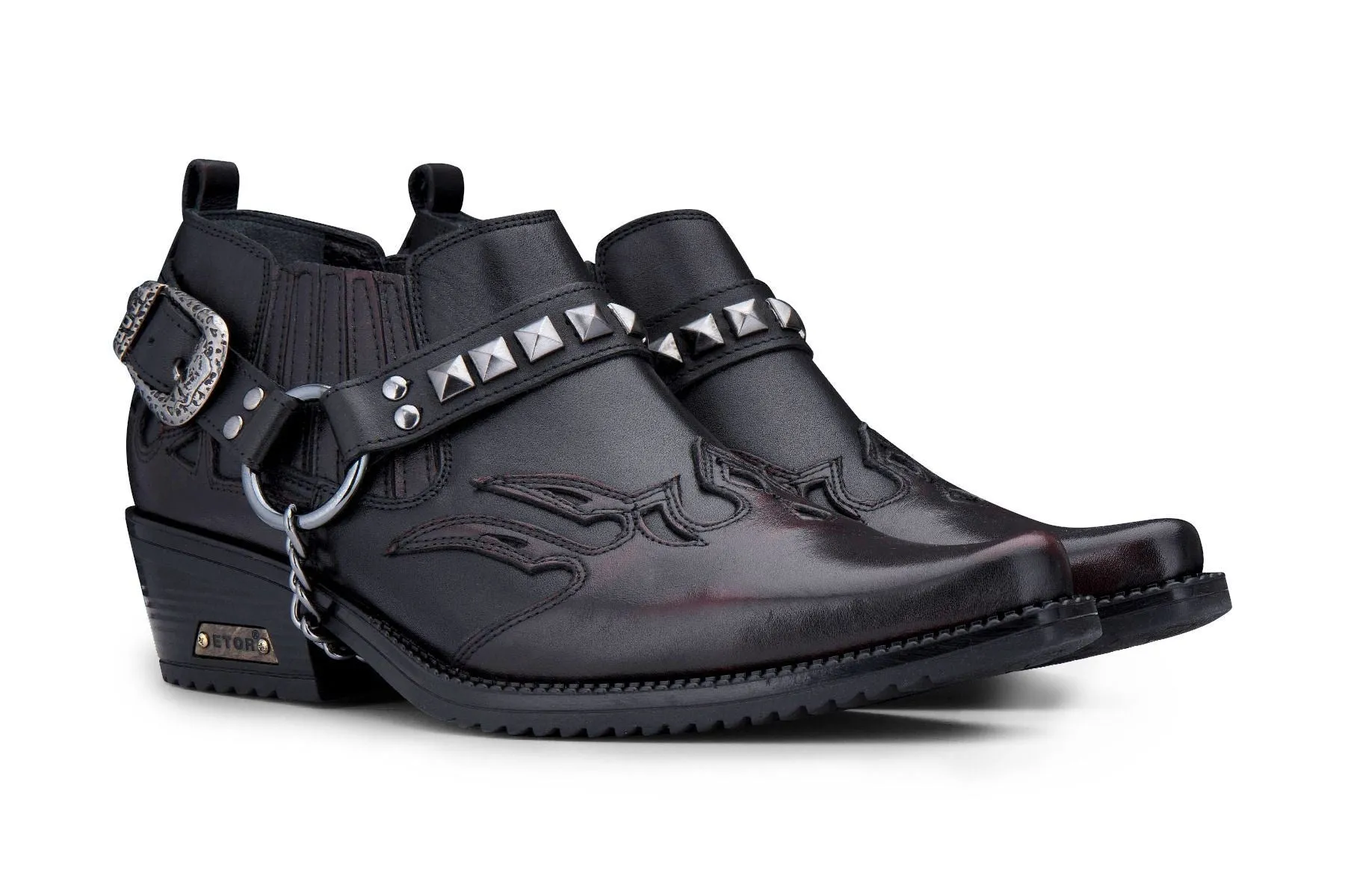 Men's Black Leather Winklepicker Studded Western Biker Shoes