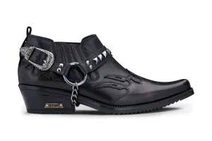 Men's Black Leather Winklepicker Studded Western Biker Shoes