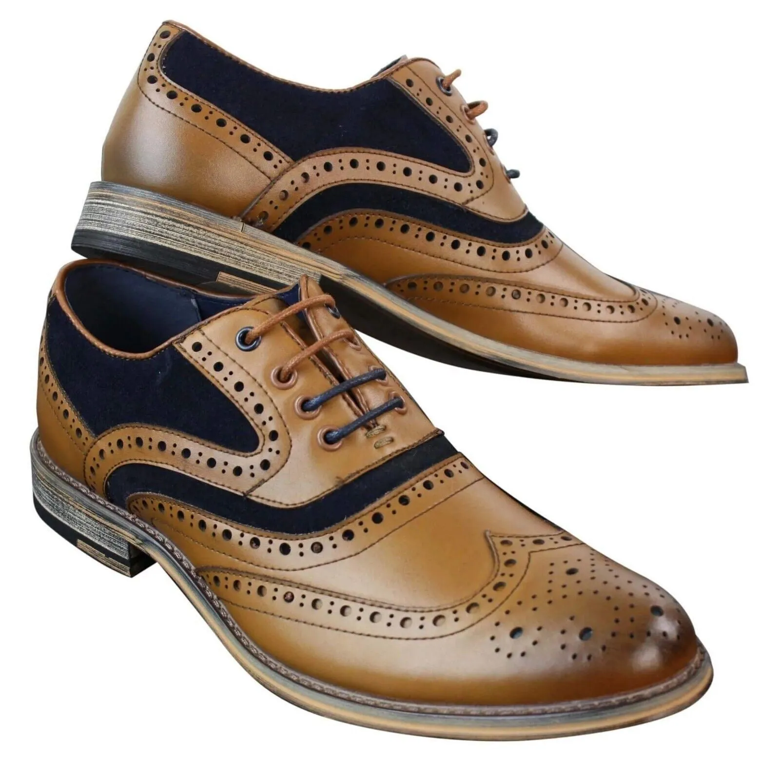 Mens Classic Navy Suede Oxford Brogue Shoes in Tan Leather