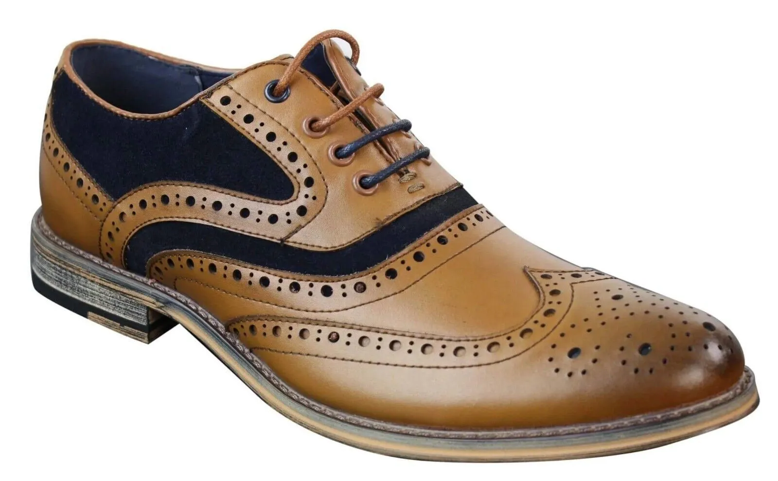 Mens Classic Navy Suede Oxford Brogue Shoes in Tan Leather