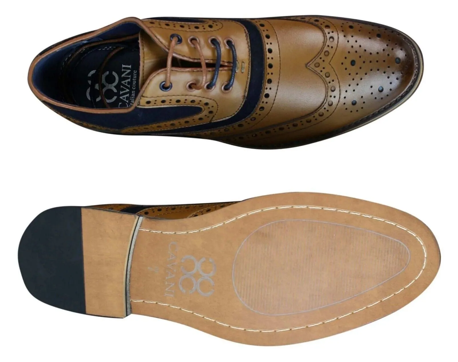 Mens Classic Navy Suede Oxford Brogue Shoes in Tan Leather