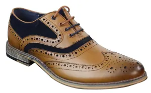 Mens Classic Navy Suede Oxford Brogue Shoes in Tan Leather