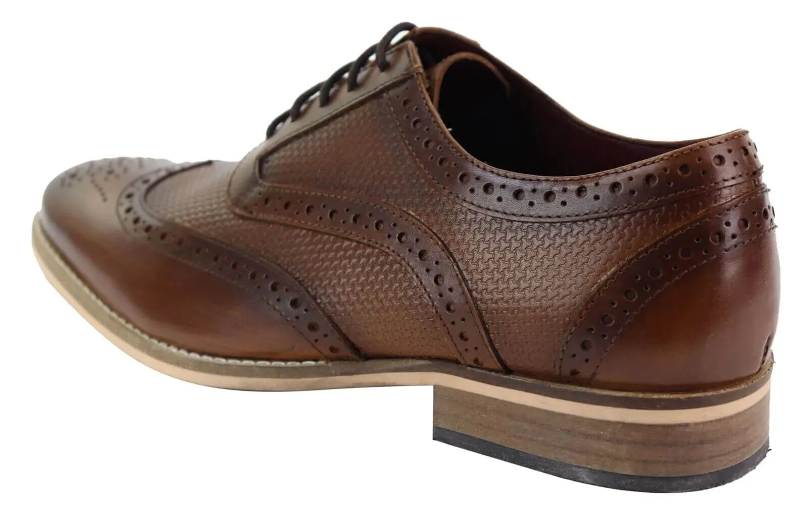 Mens Classic Oxford Brogue Shoes in Patterned Tan Leather