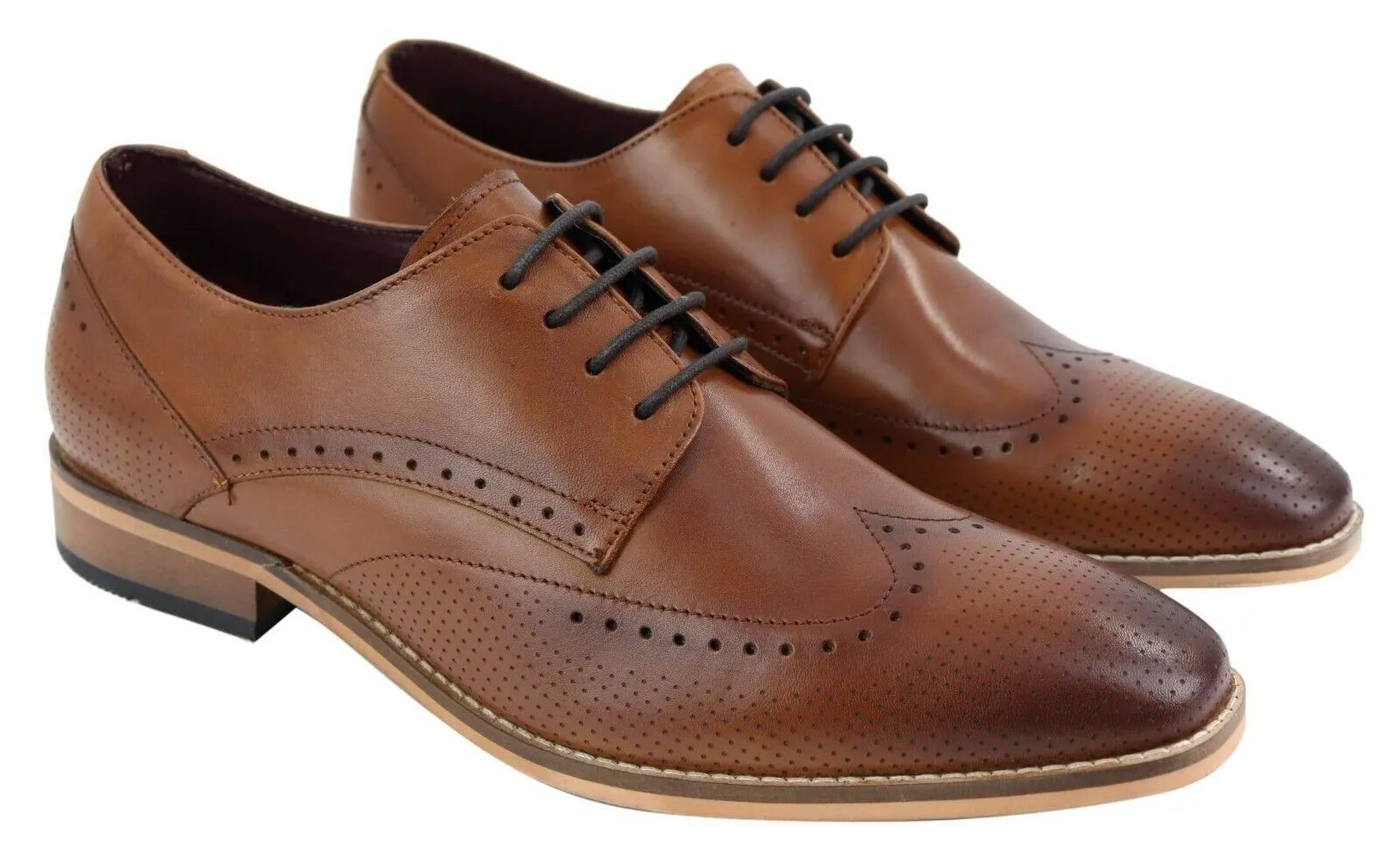 Mens Classic Oxford Brogue Shoes in Perforated Tan Leather