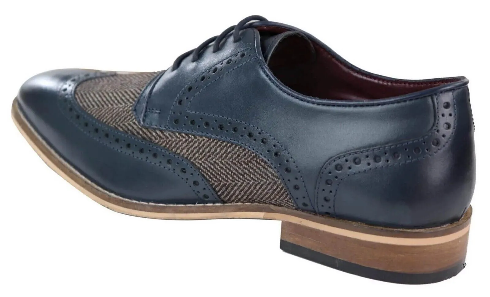 Mens Classic Oxford Navy Brogue Derby Shoes in Tan Leather