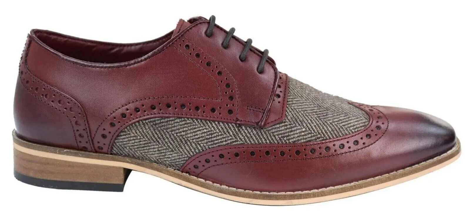 Mens Classic Oxford Tweed Brogue Derby Shoes in Burgundy Leather