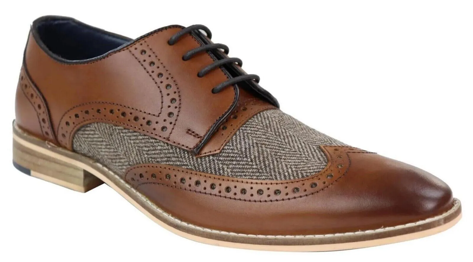Mens Classic Oxford Tweed Brogue Derby Shoes in Tan Leather