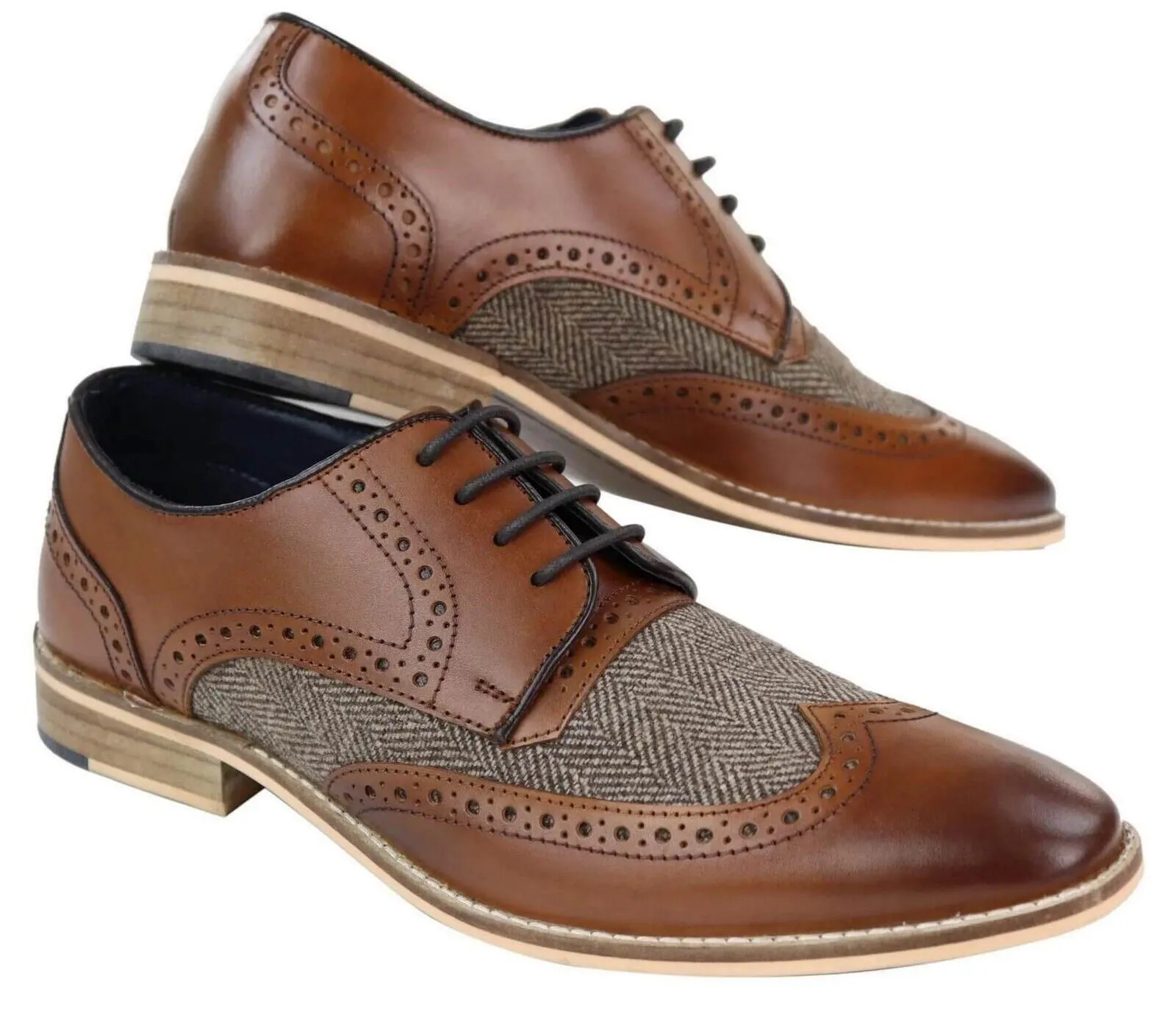 Mens Classic Oxford Tweed Brogue Derby Shoes in Tan Leather