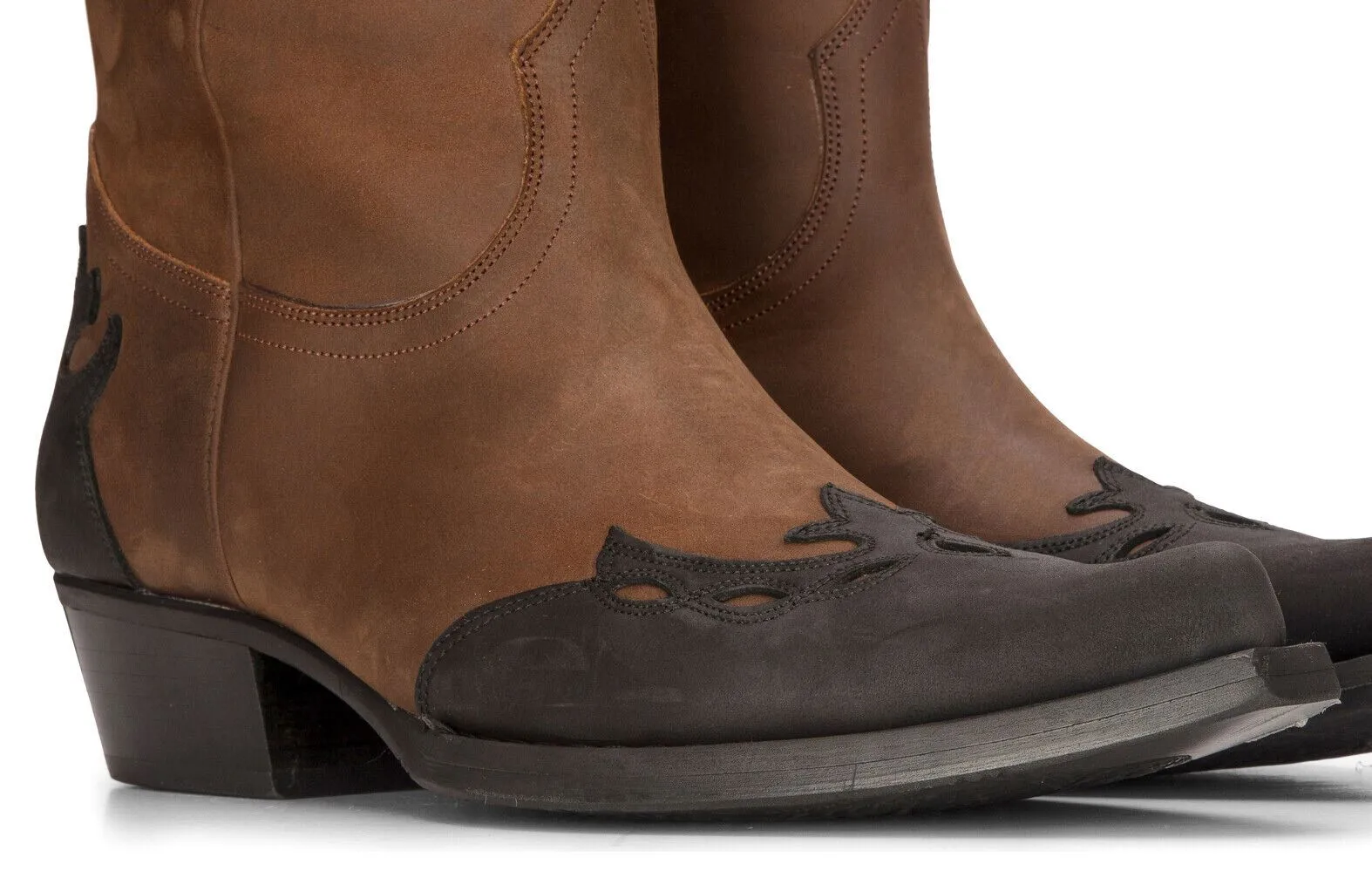 Men's Leather Western Boots Brown Cuban Cowboy Winklepickers Classic Pointed