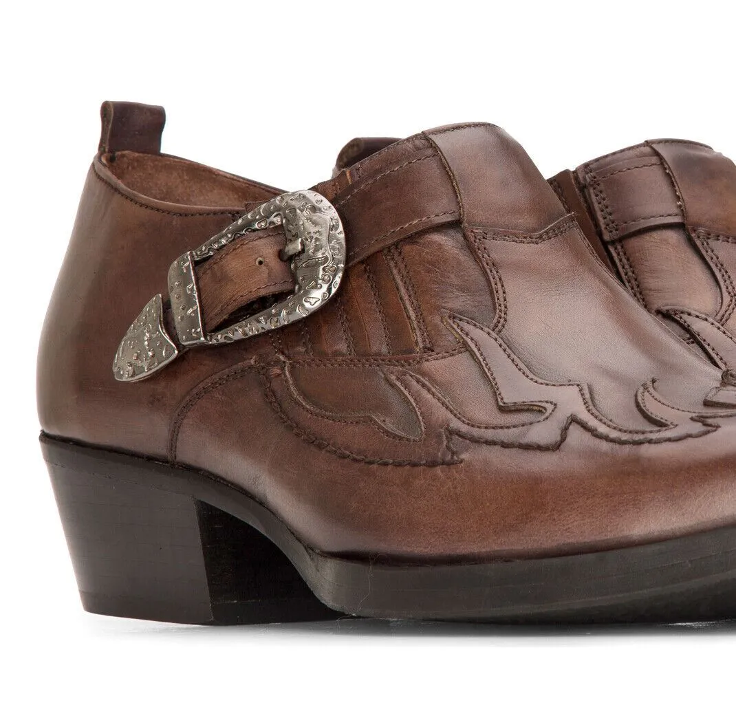 Men's Leather Western Shoes Brown Cuban Cowboy Winklepickers Classic Buckle Shoe