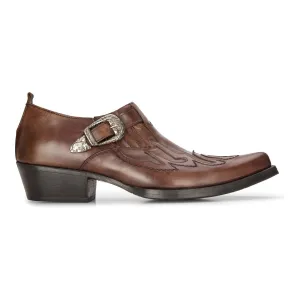 Men's Leather Western Shoes Brown Cuban Cowboy Winklepickers Classic Buckle Shoe