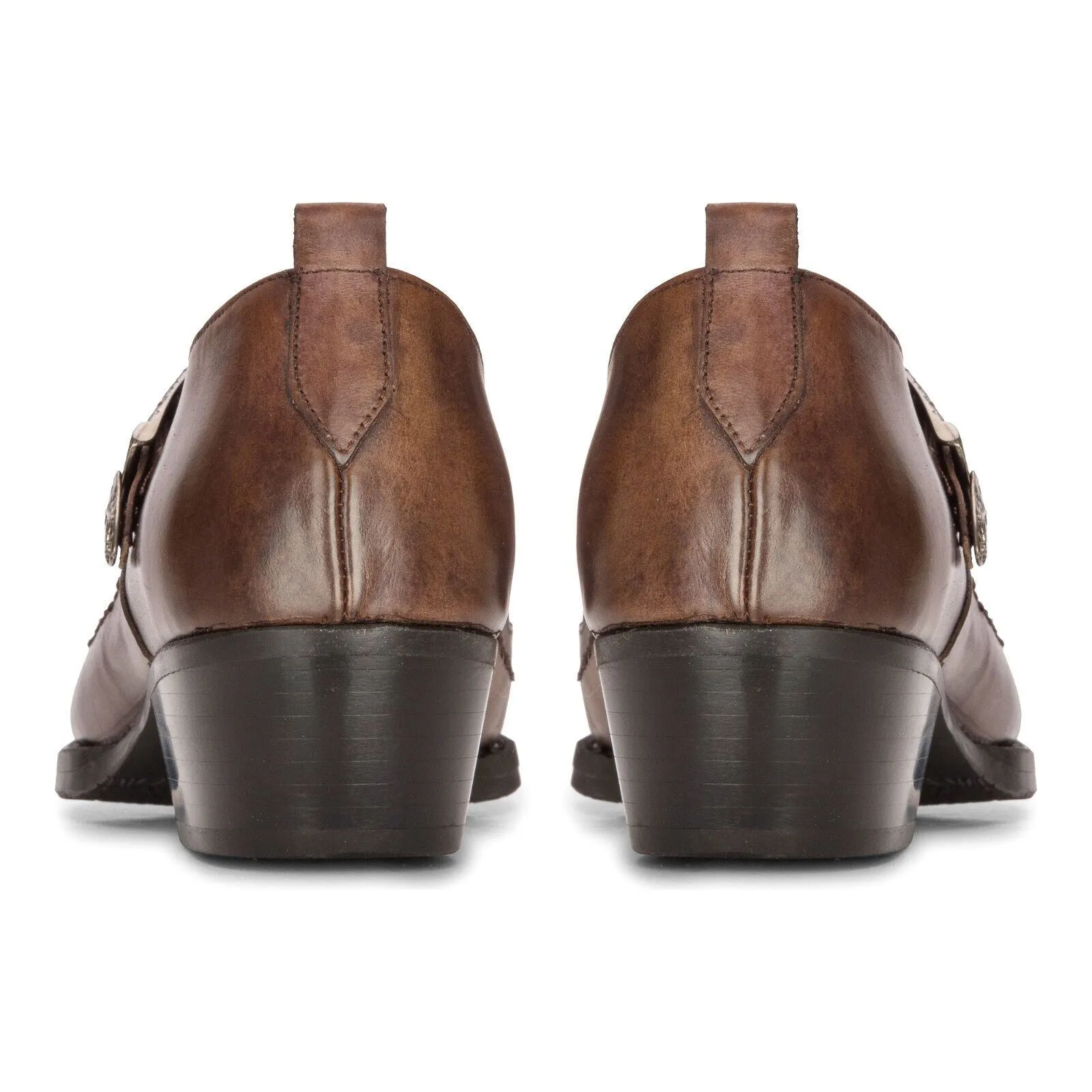 Men's Leather Western Shoes Brown Cuban Cowboy Winklepickers Classic Buckle Shoe