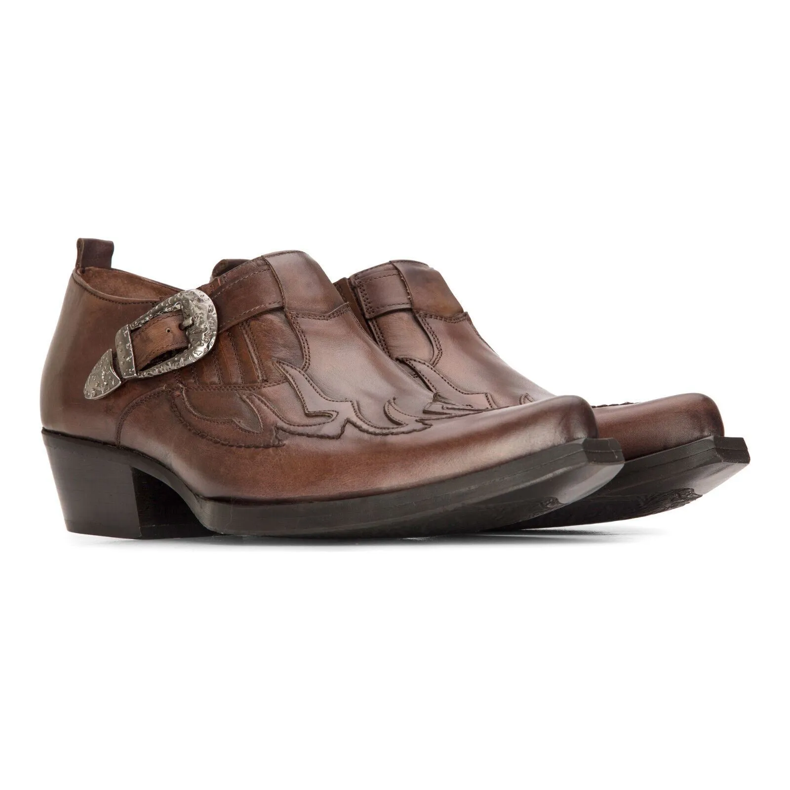 Men's Leather Western Shoes Brown Cuban Cowboy Winklepickers Classic Buckle Shoe