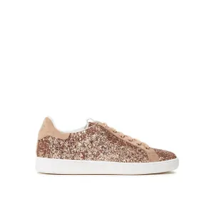 Rose Gold Glittered Woven Sneakers With Leather Accents