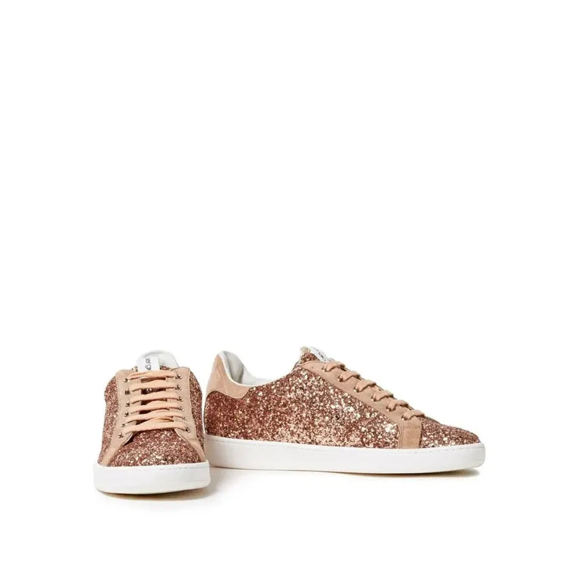 Rose Gold Glittered Woven Sneakers With Leather Accents